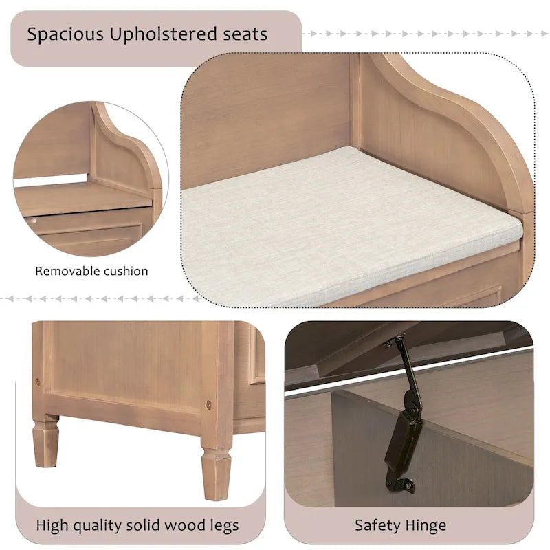 Banc de rangement rustique en bois massif pour entrée avec charnière de sécurité