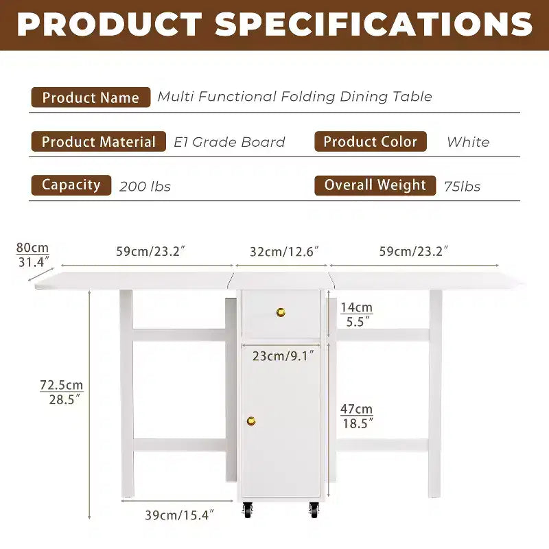 Table à manger pliante ATJafurn 59'' avec abattants pour petits espaces, table de cuisine rectangulaire en bois extensible avec roulettes et rangement