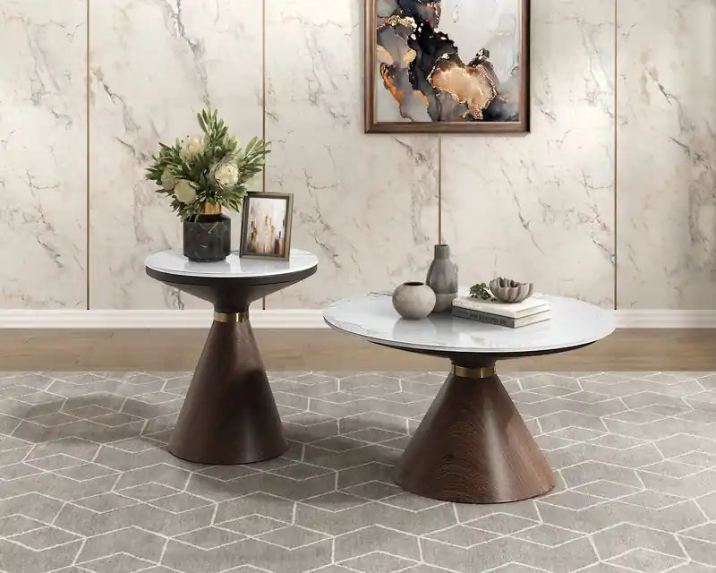 Table basse ronde moderne de 80 cm avec plateau en pierre frittée blanche