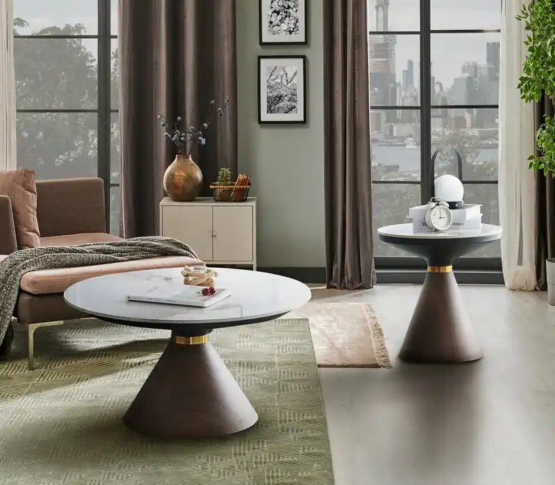 Table basse ronde moderne de 80 cm avec plateau en pierre frittée blanche