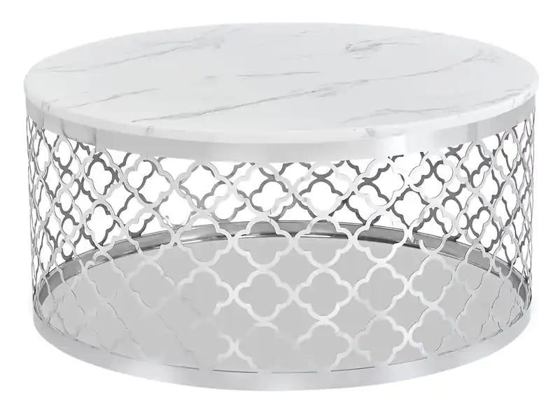 Belle 36 Glam Round Sofa Table - White Marble Top with Stainless Steel Base
