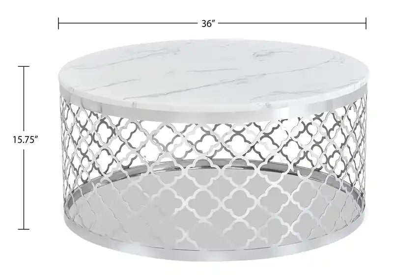 Table basse ronde Glam de 36 po - Plateau en marbre blanc avec base en acier inoxydable