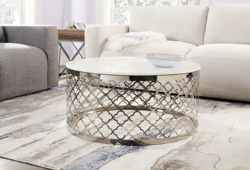 Table basse ronde Glam de 36 po - Plateau en marbre blanc avec base en acier inoxydable