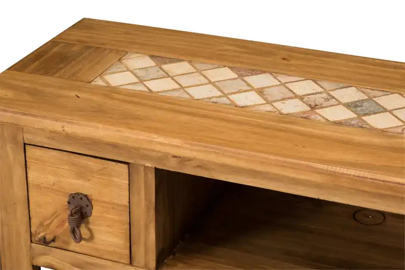 43.25 Table de canapé rustique avec rangement et étagère - Pin naturel avec insert en marbre