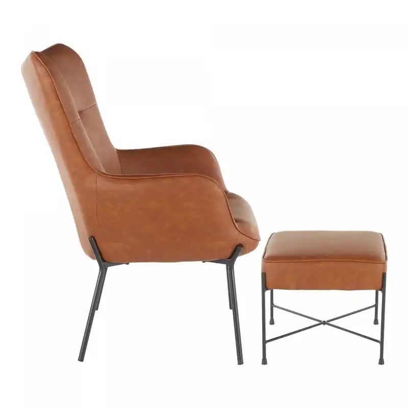 Fauteuil de salon industriel et ottoman en similicuir - Camel