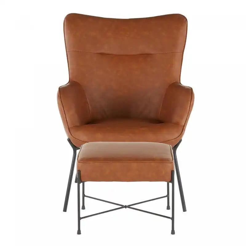 Fauteuil de salon industriel et ottoman en similicuir - Camel