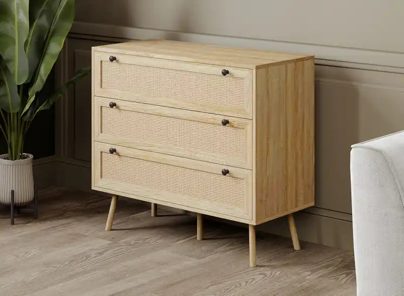 Coffre de rangement avec 3 tiroirs aspect bois brun naturel