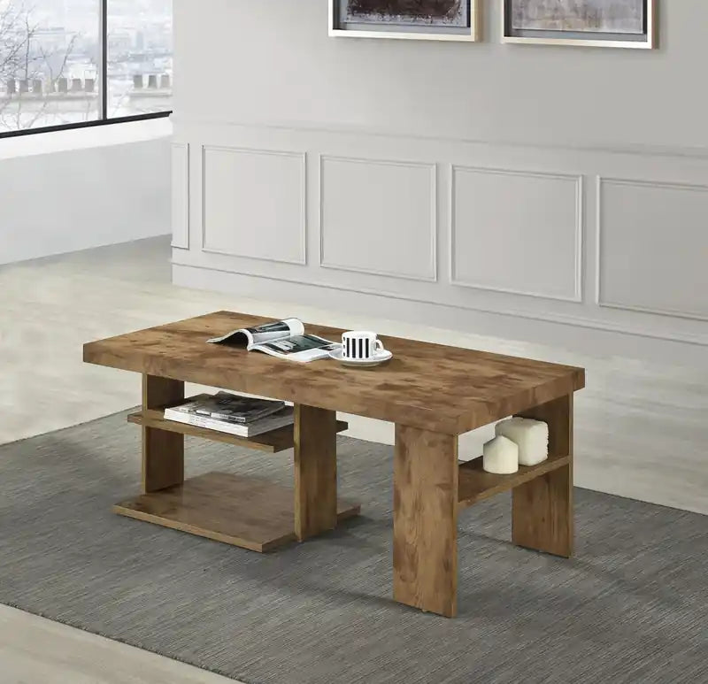 43.3 Table basse rustique avec étagère - Bois clair finition pin