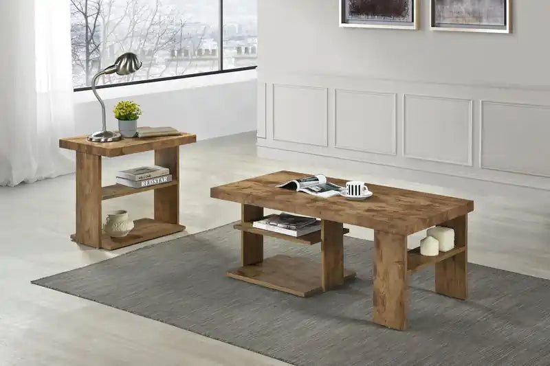 43.3 Table basse rustique avec étagère - Bois clair finition pin