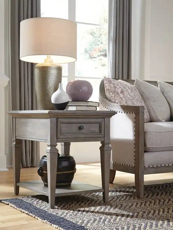 Table d'appoint traditionnelle 20 avec rangement et étagère - Pin gris et bronze