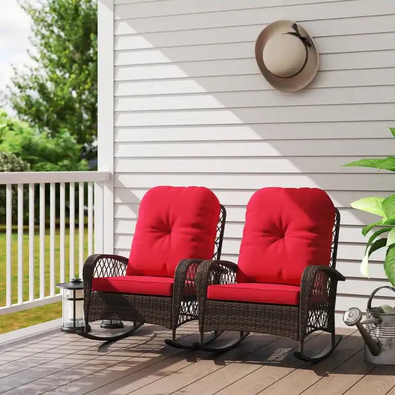 2 fauteuils à bascule en rotin avec coussin moelleux pour le jardin