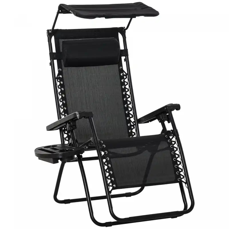 Outsunny Foldable Lounge Chair With Canopy Shade, Side Tray, Cup Holder