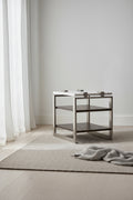 Paradox 22 Modern End Table with Shelf - White Marble Top with Brushed Platinum Frame