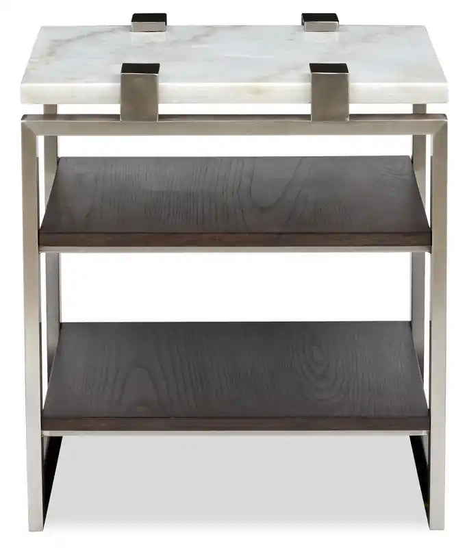 Guéridon moderne 22 avec étagère - Plateau en marbre blanc avec cadre en platine brossé