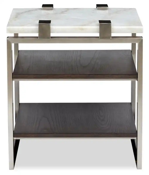 Guéridon moderne 22 avec étagère - Plateau en marbre blanc avec cadre en platine brossé