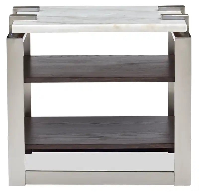 Guéridon moderne 22 avec étagère - Plateau en marbre blanc avec cadre en platine brossé