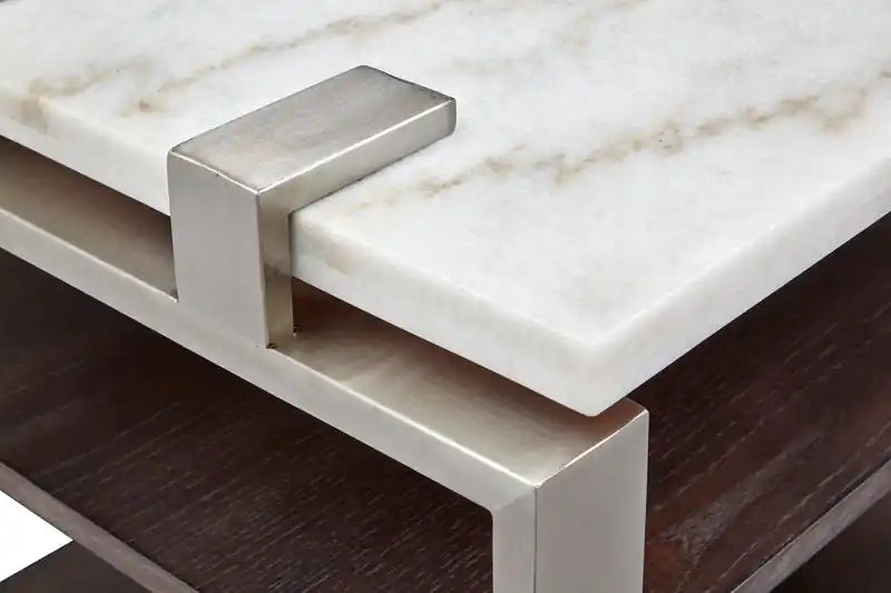 Guéridon moderne 22 avec étagère - Plateau en marbre blanc avec cadre en platine brossé