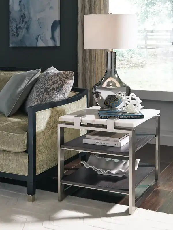 Guéridon moderne 22 avec étagère - Plateau en marbre blanc avec cadre en platine brossé