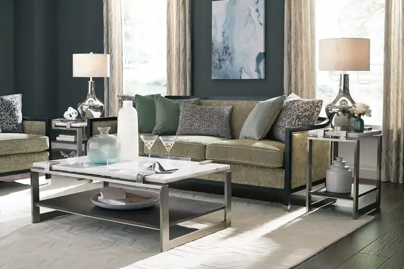 Guéridon moderne 22 avec étagère - Plateau en marbre blanc avec cadre en platine brossé
