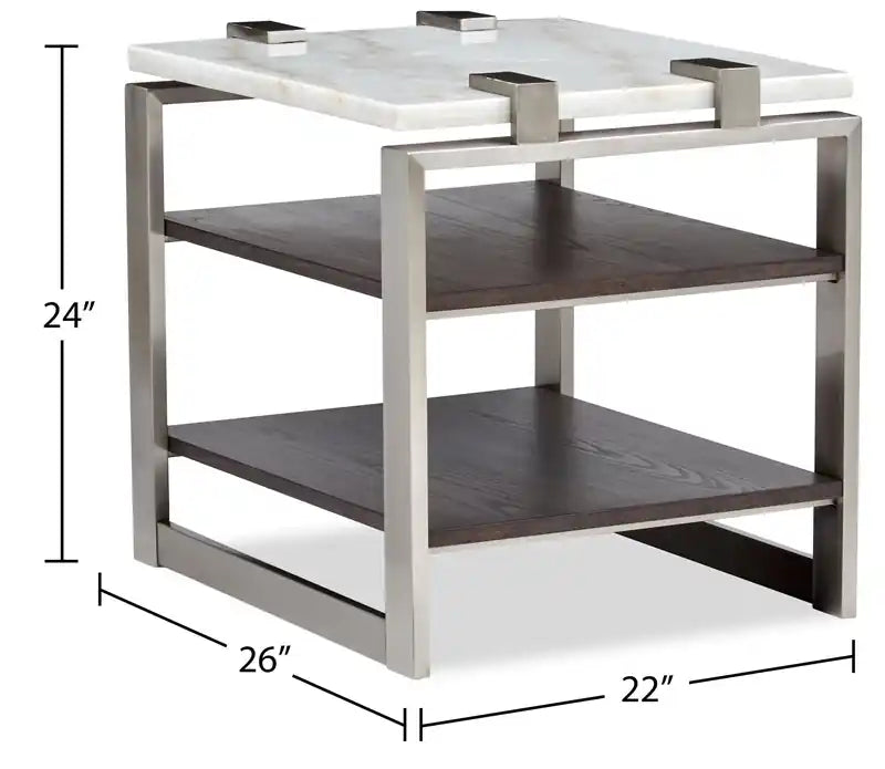 Guéridon moderne 22 avec étagère - Plateau en marbre blanc avec cadre en platine brossé