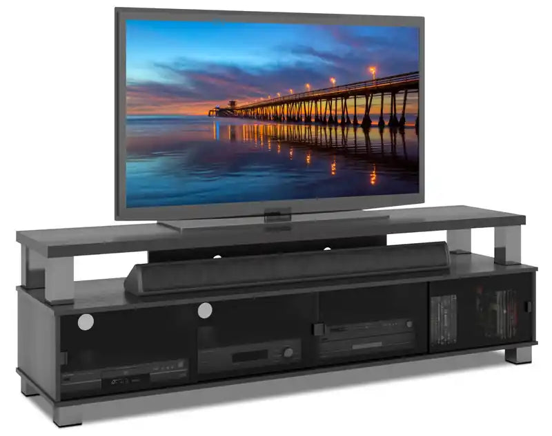 Meuble TV moderne de 75 po avec rangement et gestion des câbles pour téléviseurs jusqu'à 85 po - Noir avec verre