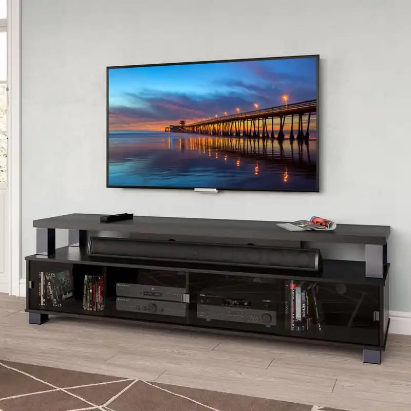 Meuble TV moderne de 75 po avec rangement et gestion des câbles pour téléviseurs jusqu'à 85 po - Noir avec verre