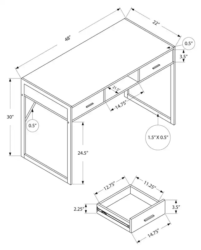 Bureau de 48 po avec 2 tiroirs et compartiment de rangement